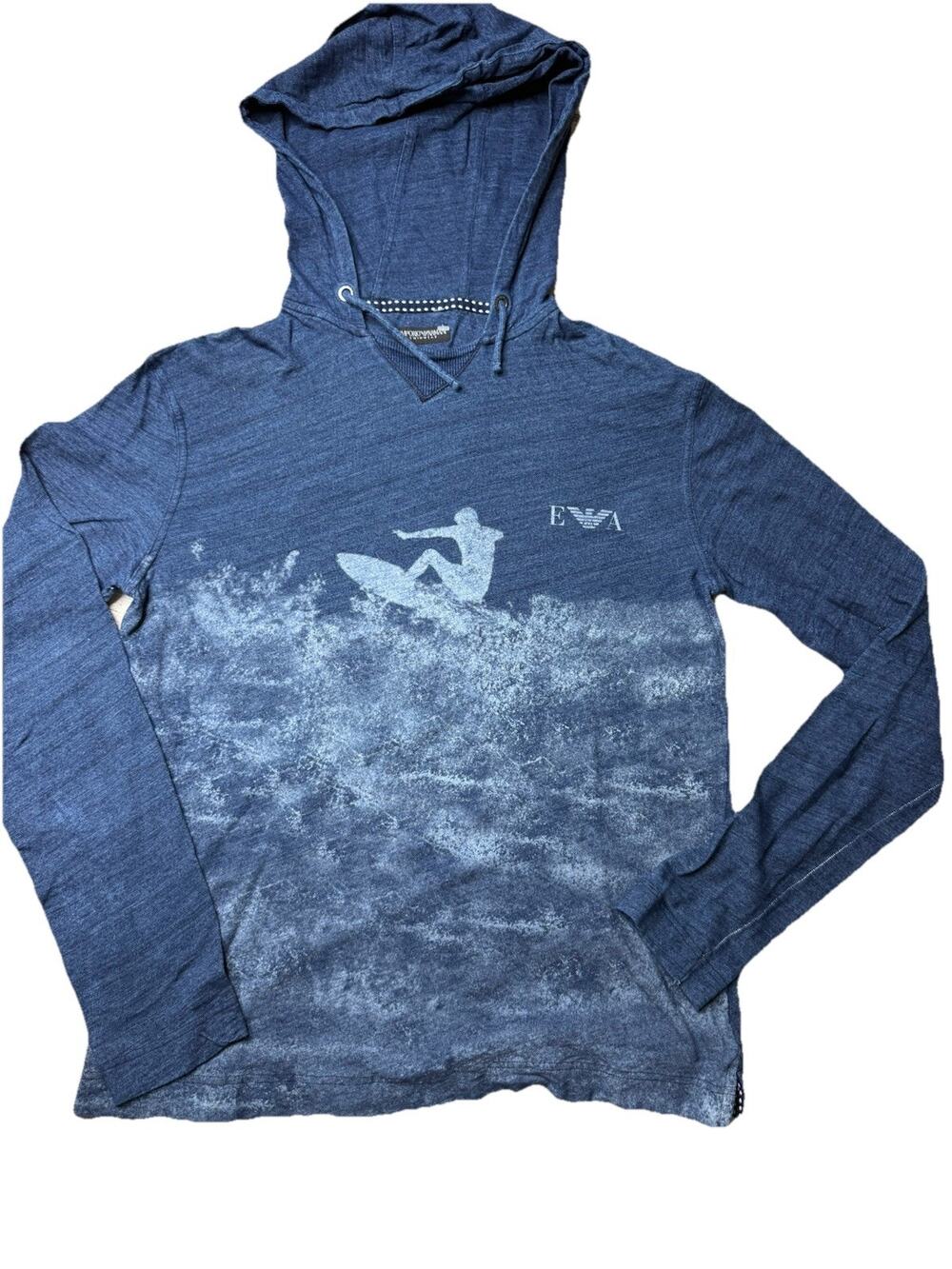 Emporio Armani Logo Blue Long Sleeve Shirt Hoodie Sz M Surfing Beach Designer
